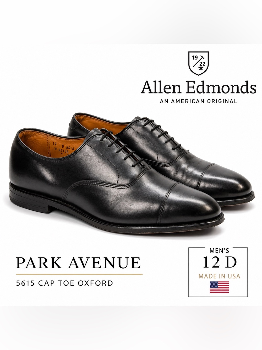 Allen Edmonds Park Avenue 5615 Black Cap Toe Oxford Dress Shoes Mens 12 D USA